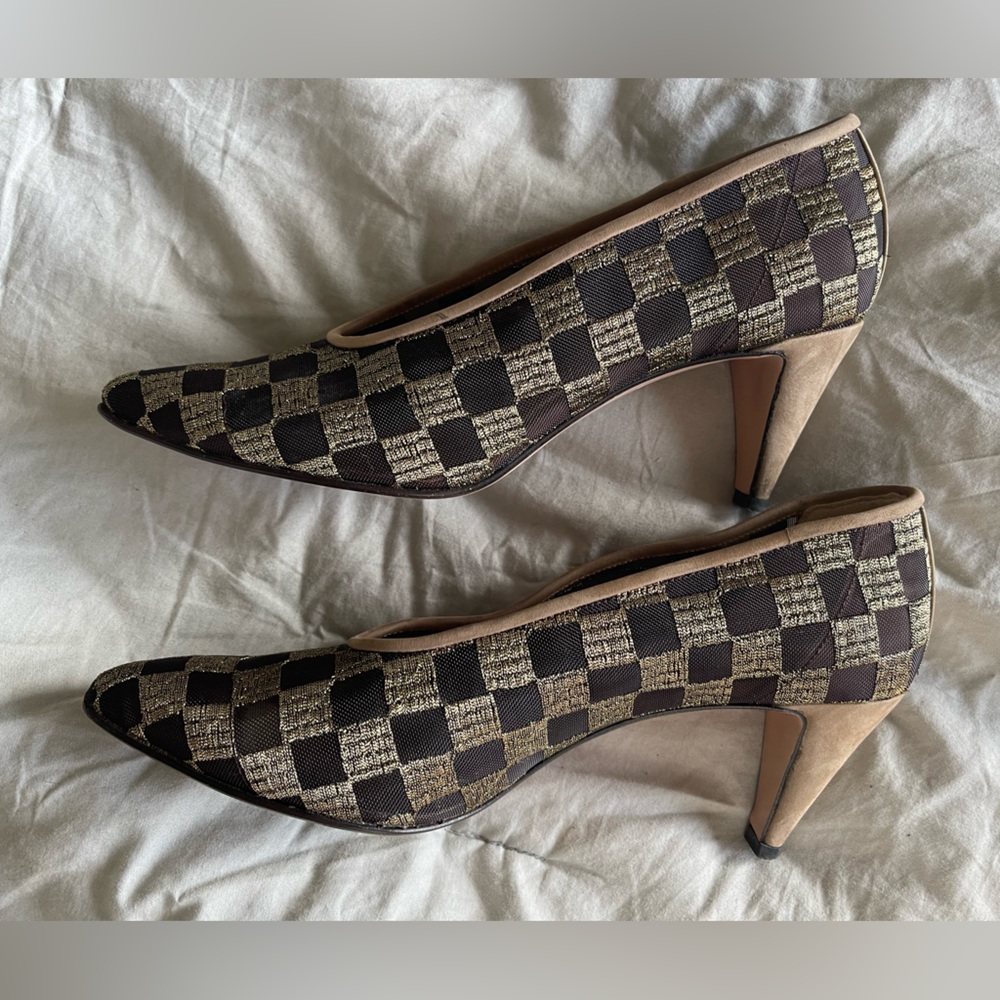 Vintage Walter Steiger Brown Gold Checkered Mesh Pumps Heels Size 6B Italy